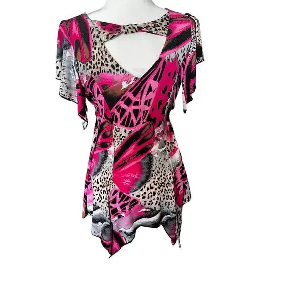 Y2k pink cheetah print handkerchief top sz m - Picture 2 of 8